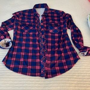 Pink and blue plaid lightweight long sleeved shirt
